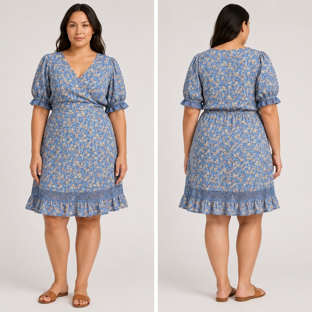 Mimi Chica Blue Large Mini Dress Cottagecore Floral Lace Trim Puff Sleeve
